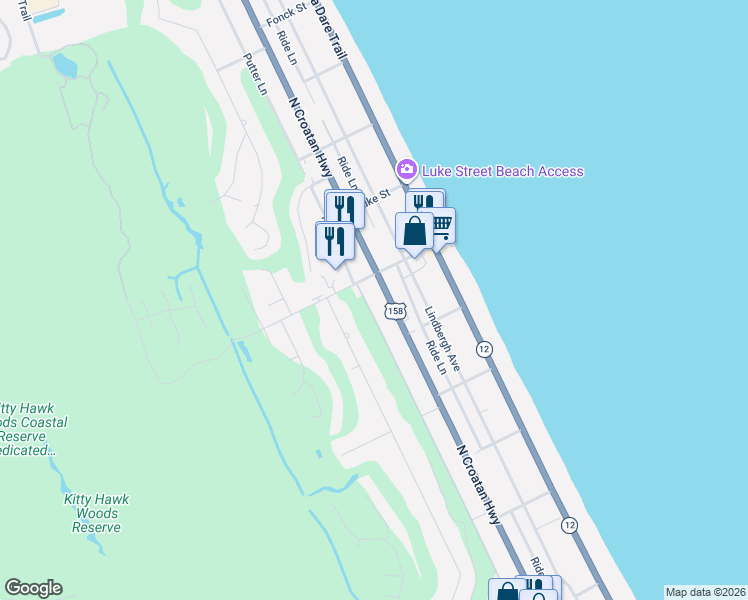 map of restaurants, bars, coffee shops, grocery stores, and more near 4631 Johnston Ln in Kitty Hawk