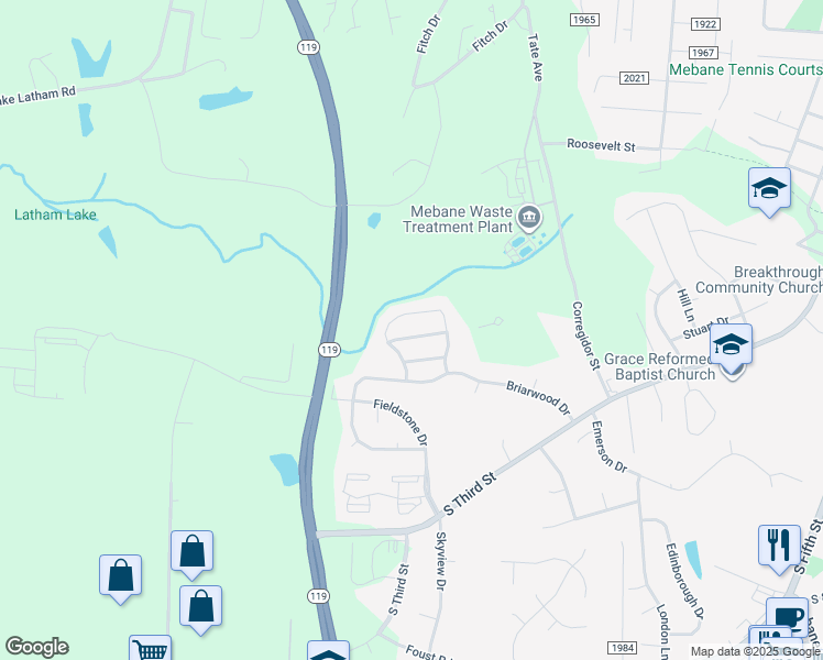 map of restaurants, bars, coffee shops, grocery stores, and more near 412 Tighfield Drive in Mebane