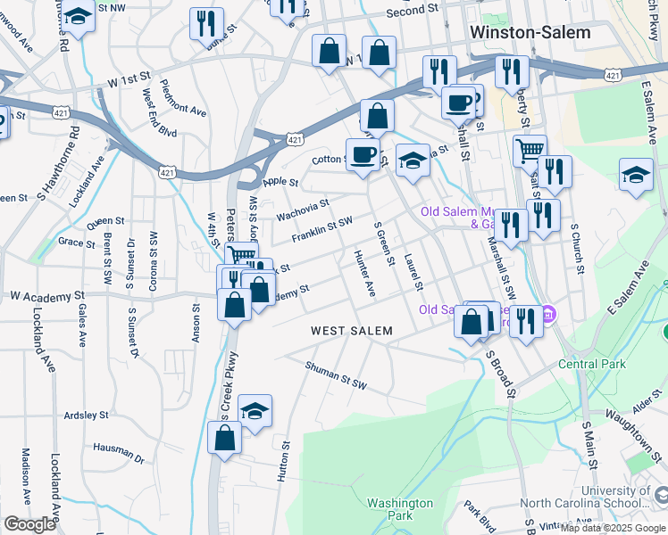map of restaurants, bars, coffee shops, grocery stores, and more near 512 Granville Drive Southwest in Winston-Salem