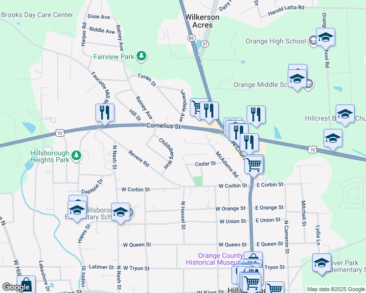 map of restaurants, bars, coffee shops, grocery stores, and more near 689 Turner Street in Hillsborough