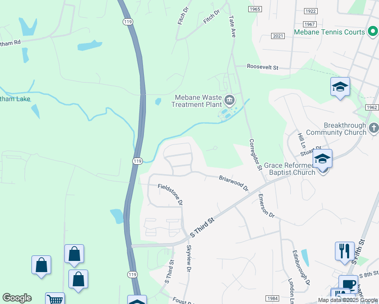 map of restaurants, bars, coffee shops, grocery stores, and more near 206 Huckleberry Loop in Mebane