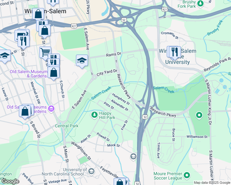 map of restaurants, bars, coffee shops, grocery stores, and more near 509 Humphrey Street in Winston-Salem