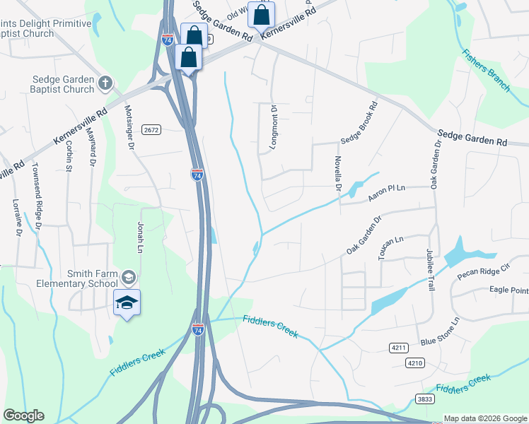 map of restaurants, bars, coffee shops, grocery stores, and more near 2166 Longburn Drive in Kernersville