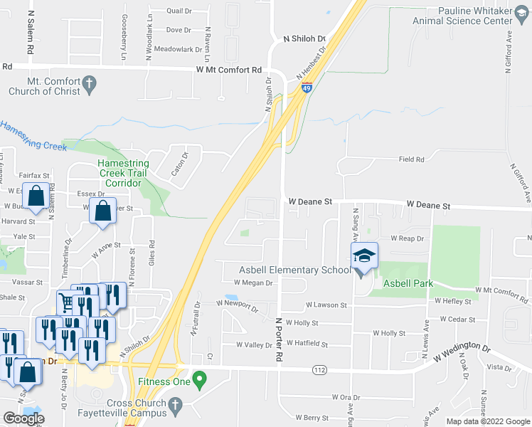 map of restaurants, bars, coffee shops, grocery stores, and more near 2492 West Sycamore Street in Fayetteville