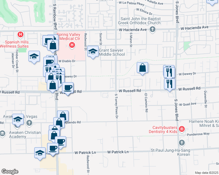 map of restaurants, bars, coffee shops, grocery stores, and more near 5681 Steampunk Street in Spring Valley