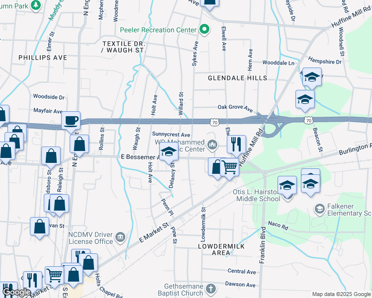 map of restaurants, bars, coffee shops, grocery stores, and more near 603 Sykes Avenue in Greensboro