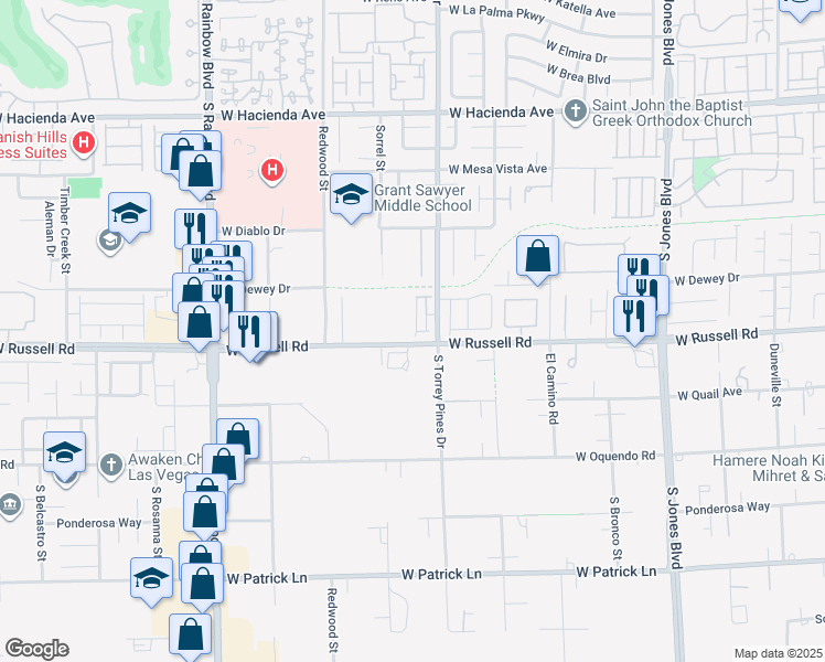 map of restaurants, bars, coffee shops, grocery stores, and more near 5681 Steampunk Street in Spring Valley