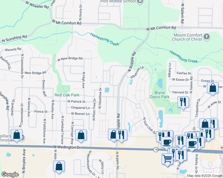 map of restaurants, bars, coffee shops, grocery stores, and more near 1677 North Oakhaven Place in Fayetteville