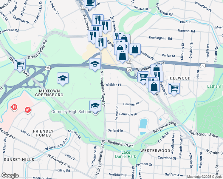 map of restaurants, bars, coffee shops, grocery stores, and more near 1102 Westover Terrace in Greensboro