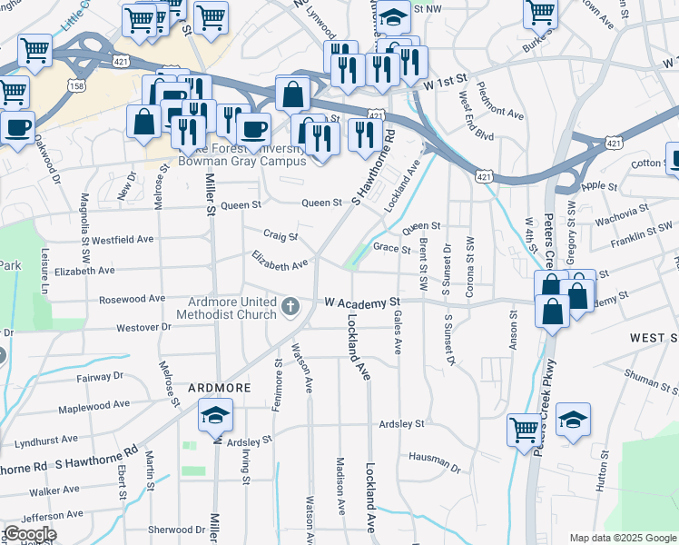 map of restaurants, bars, coffee shops, grocery stores, and more near 1910 Elizabeth Avenue in Winston-Salem