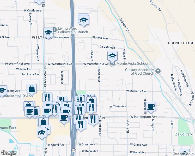 map of restaurants, bars, coffee shops, grocery stores, and more near 810 Gerry Lane in Porterville
