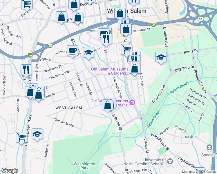 map of restaurants, bars, coffee shops, grocery stores, and more near South Poplar Street in Winston-Salem