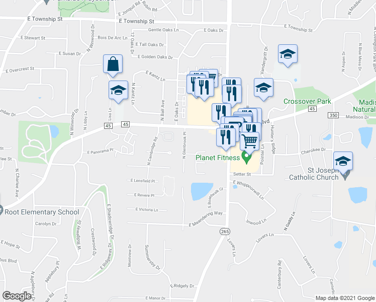 map of restaurants, bars, coffee shops, grocery stores, and more near 1802 North Glenbrook Place in Fayetteville
