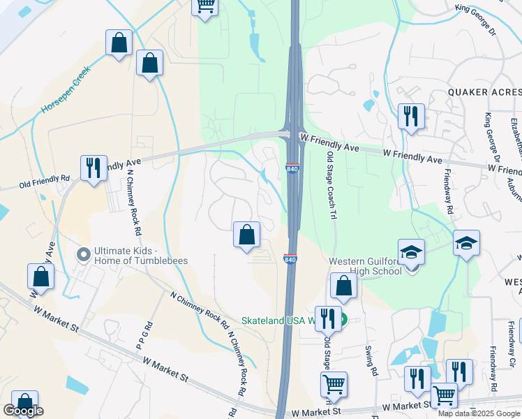 map of restaurants, bars, coffee shops, grocery stores, and more near 23 Woodstream Lane in Greensboro