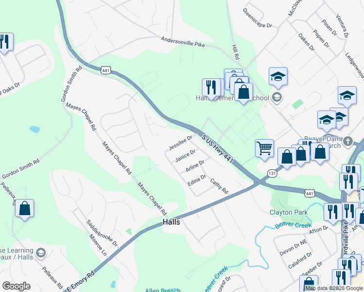 map of restaurants, bars, coffee shops, grocery stores, and more near 7544 Jessilee Drive in Knoxville