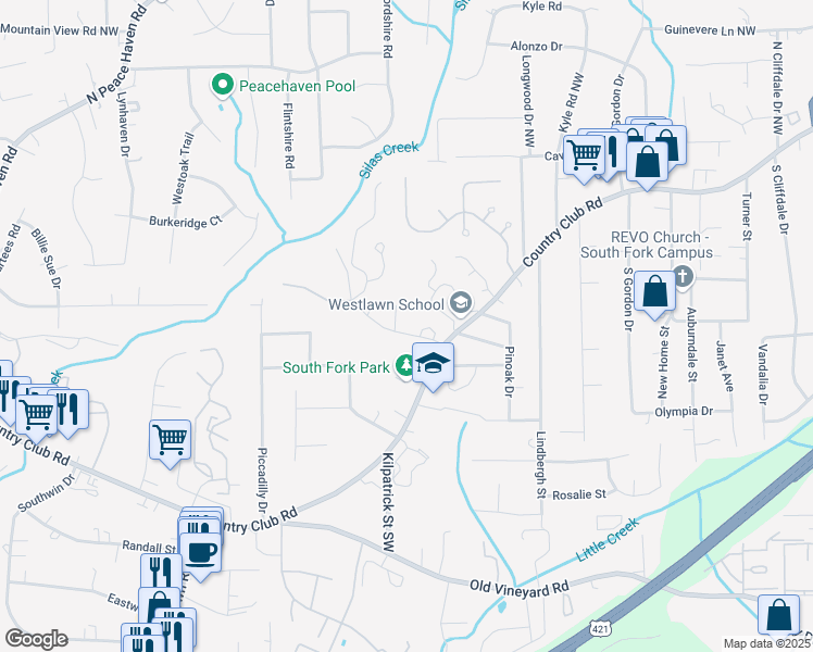 map of restaurants, bars, coffee shops, grocery stores, and more near 206 Ridge Forest Court in Winston-Salem