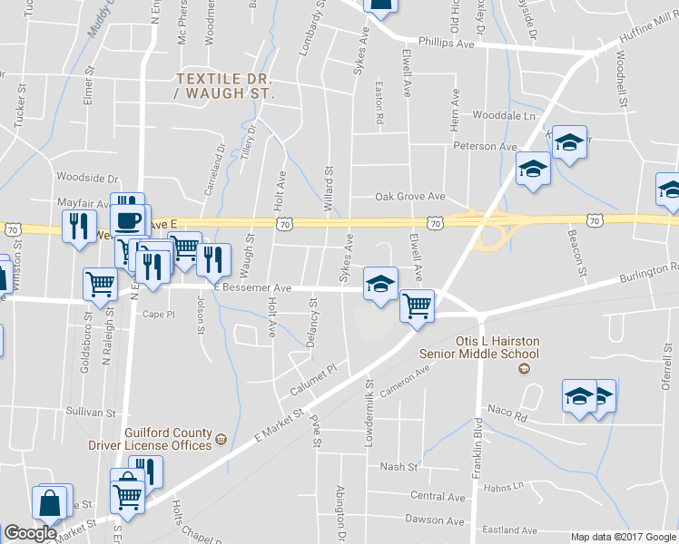 map of restaurants, bars, coffee shops, grocery stores, and more near 603 Sykes Avenue in Greensboro