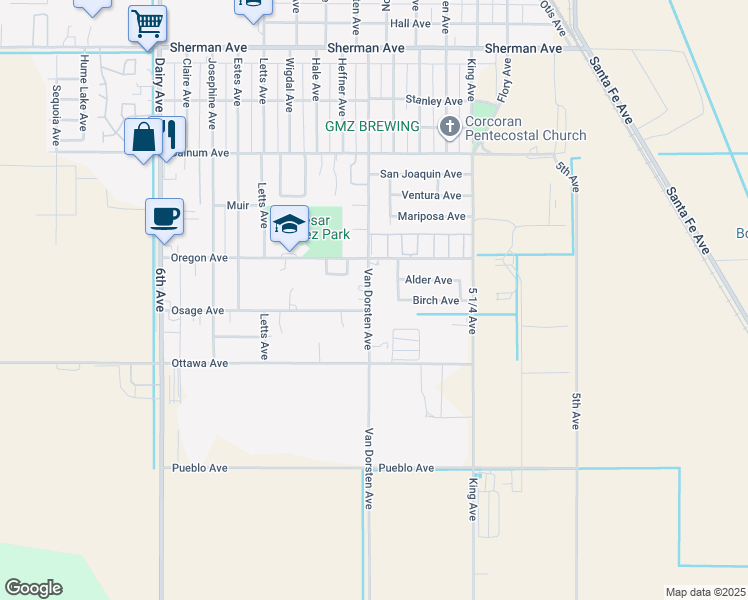 map of restaurants, bars, coffee shops, grocery stores, and more near 2030 5 1/2 Avenue in Corcoran