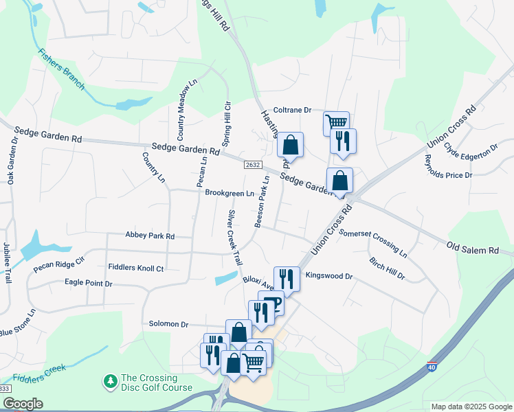 map of restaurants, bars, coffee shops, grocery stores, and more near 135 Drawbridge Court in Kernersville