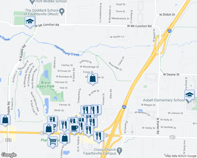 map of restaurants, bars, coffee shops, grocery stores, and more near 3061 West Wildflower Street in Fayetteville
