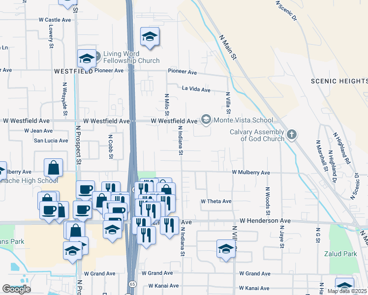 map of restaurants, bars, coffee shops, grocery stores, and more near 810 Gerry Lane in Porterville
