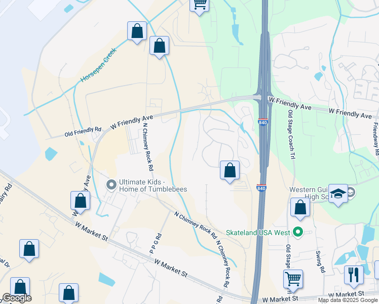 map of restaurants, bars, coffee shops, grocery stores, and more near 7147 West Friendly Avenue in Greensboro