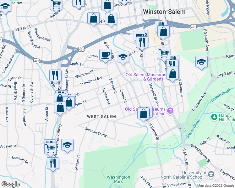map of restaurants, bars, coffee shops, grocery stores, and more near 618 Green Street South in Winston-Salem