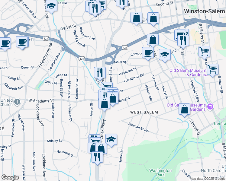 map of restaurants, bars, coffee shops, grocery stores, and more near 1107 Bank Street Southwest in Winston-Salem