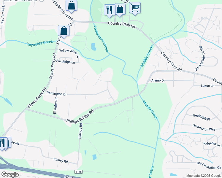 map of restaurants, bars, coffee shops, grocery stores, and more near 801 Horncastle Road in Winston-Salem