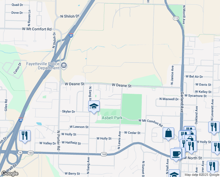 map of restaurants, bars, coffee shops, grocery stores, and more near 1813 West Deane Street in Fayetteville