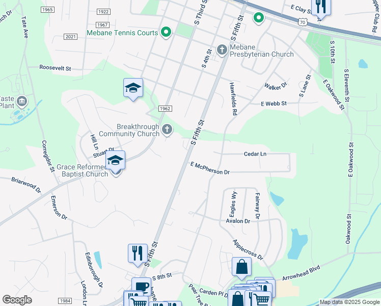 map of restaurants, bars, coffee shops, grocery stores, and more near 617 North Carolina 119 in Mebane