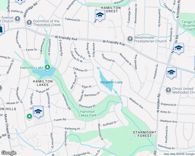 map of restaurants, bars, coffee shops, grocery stores, and more near 302 Kemp Road West in Greensboro