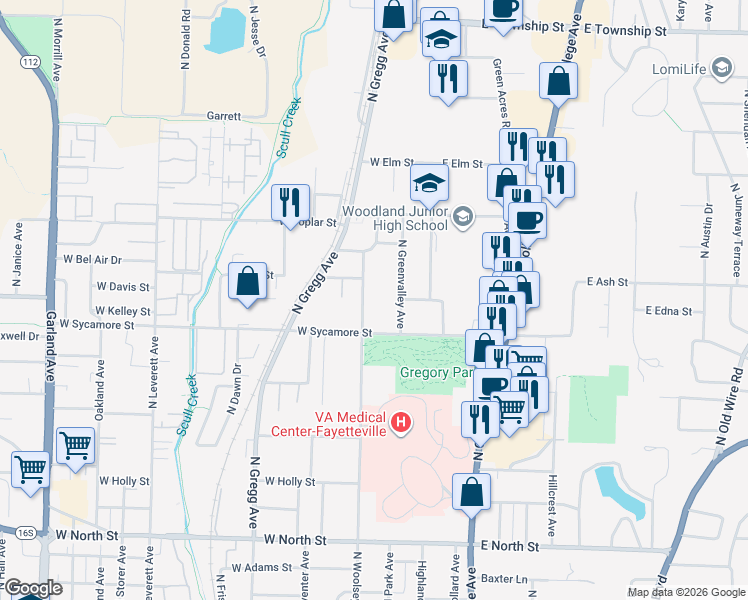 map of restaurants, bars, coffee shops, grocery stores, and more near 1750 N Woolsey Ave in Fayetteville