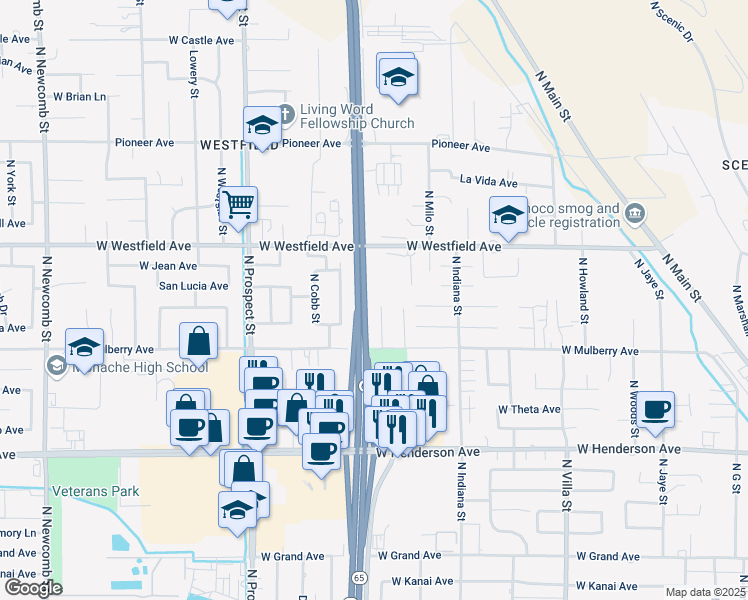 map of restaurants, bars, coffee shops, grocery stores, and more near 1091 Stonegate Cove Drive in Porterville