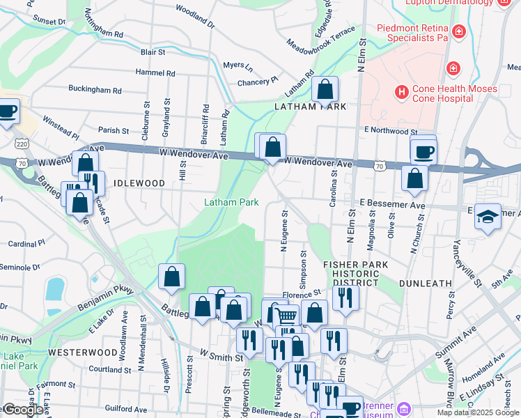 map of restaurants, bars, coffee shops, grocery stores, and more near 411 Cridland Road in Greensboro