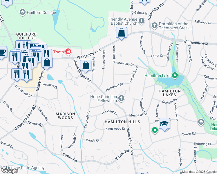 map of restaurants, bars, coffee shops, grocery stores, and more near 5104 Ellenwood Drive in Greensboro