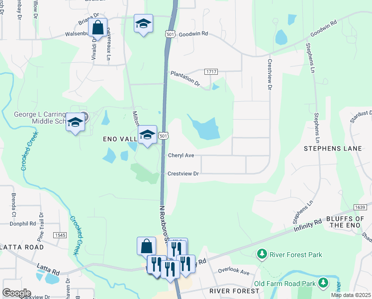map of restaurants, bars, coffee shops, grocery stores, and more near 121 Cheryl Avenue in Durham