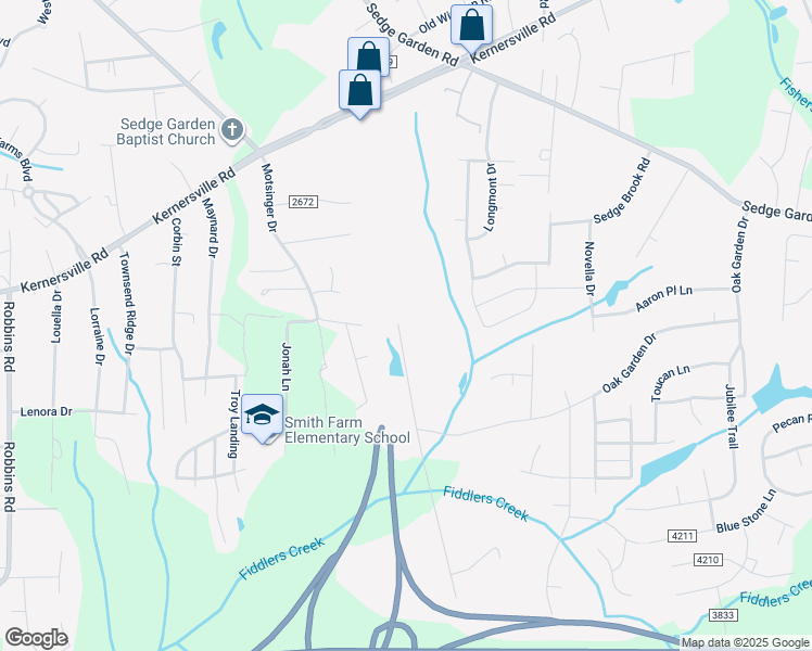 map of restaurants, bars, coffee shops, grocery stores, and more near 221 Oak Grove Church Road in Kernersville