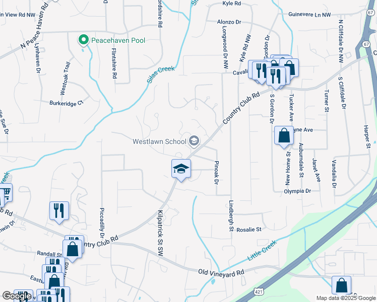 map of restaurants, bars, coffee shops, grocery stores, and more near 203 Forest View Drive in Winston-Salem