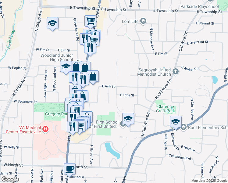 map of restaurants, bars, coffee shops, grocery stores, and more near 1769 North Wheeler Avenue in Fayetteville