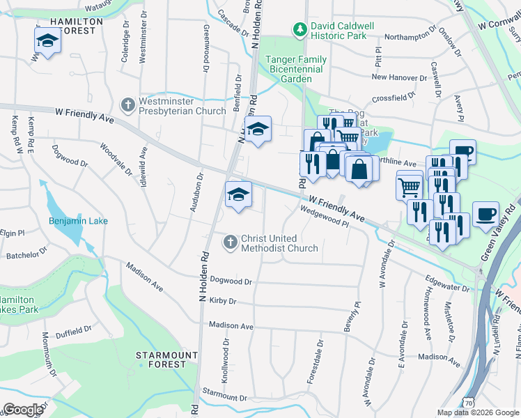 map of restaurants, bars, coffee shops, grocery stores, and more near 55 Folkestone Drive in Greensboro