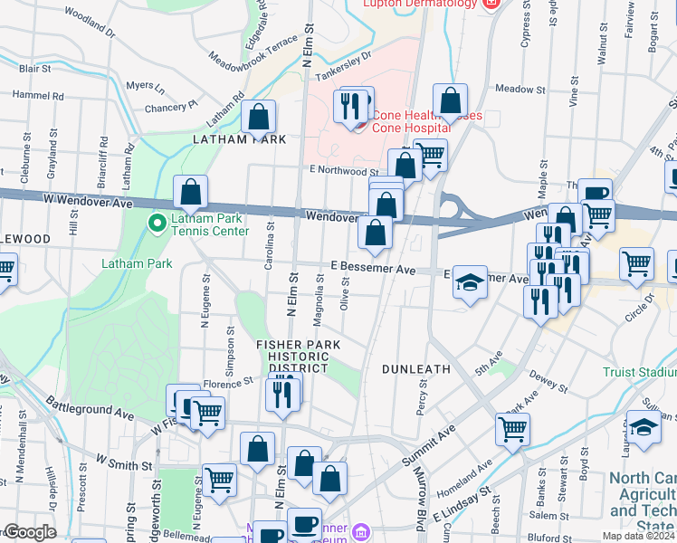 map of restaurants, bars, coffee shops, grocery stores, and more near 212 East Bessemer Avenue in Greensboro