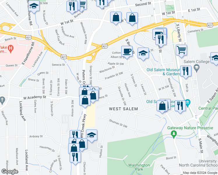 map of restaurants, bars, coffee shops, grocery stores, and more near 1034 Bank Street Southwest in Winston-Salem