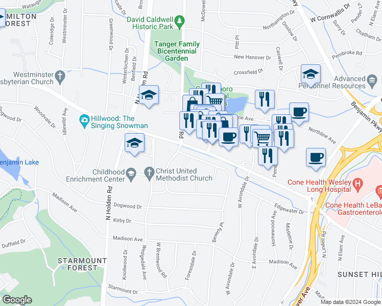 map of restaurants, bars, coffee shops, grocery stores, and more near 3400 Wedgewood Place in Greensboro