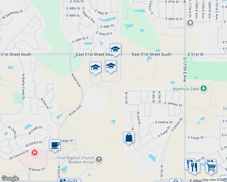 map of restaurants, bars, coffee shops, grocery stores, and more near 100 East Kansas Street in Broken Arrow
