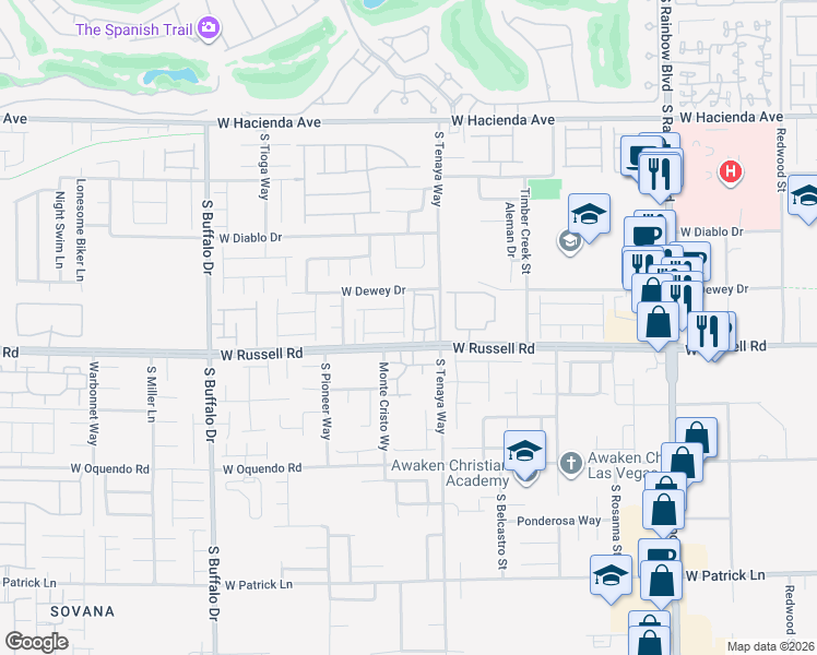 map of restaurants, bars, coffee shops, grocery stores, and more near 7316 West Russell Road in Las Vegas