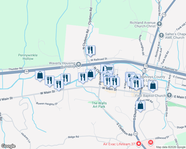 map of restaurants, bars, coffee shops, grocery stores, and more near 202 North Clydeton Road in Waverly