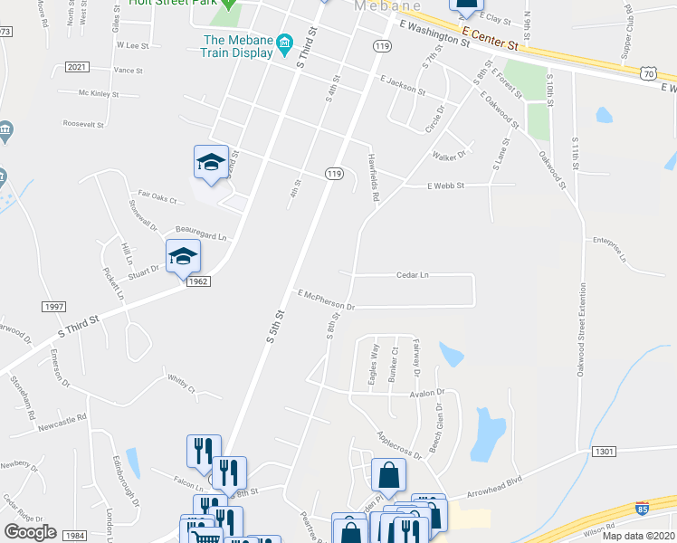 map of restaurants, bars, coffee shops, grocery stores, and more near 104 Heritage Drive in Mebane