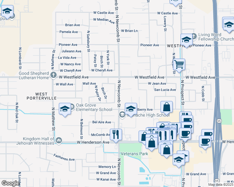 map of restaurants, bars, coffee shops, grocery stores, and more near 1080 Greenfield Drive in Porterville