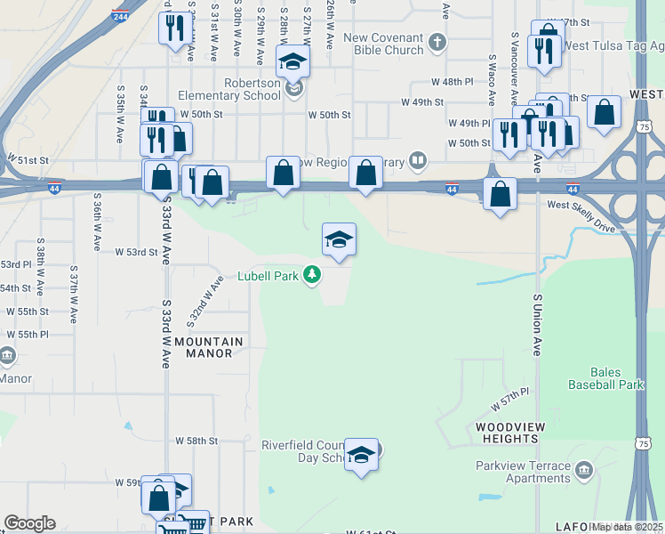 map of restaurants, bars, coffee shops, grocery stores, and more near 2524 West 53rd Street in Tulsa